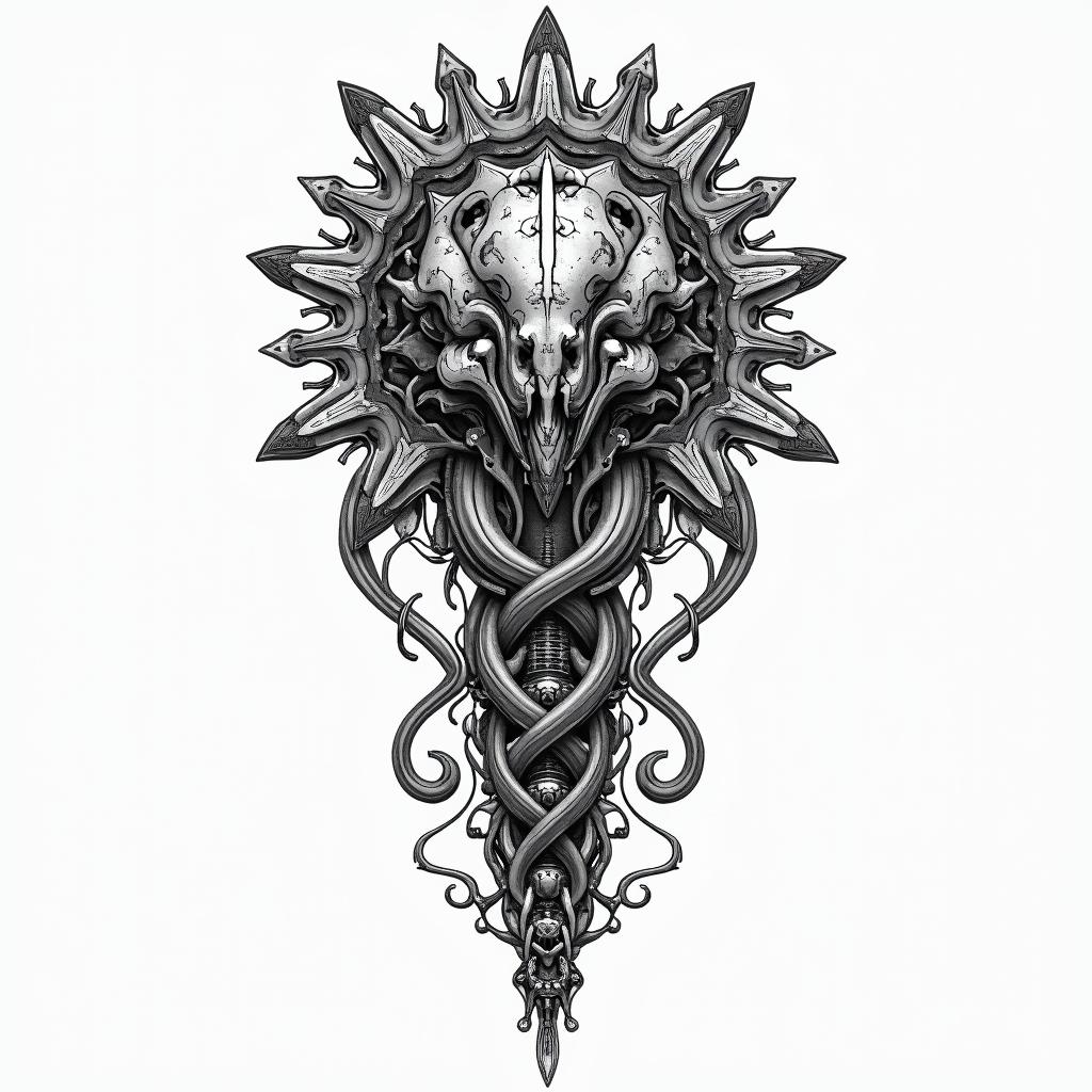 Yggdrasil With Jormungandrtattoo in biomechanic style, the tattoo covered by robotic elements of futuristic cyberpunk design, robotic features detail, showcasing intricate mechanical components - Variation 2