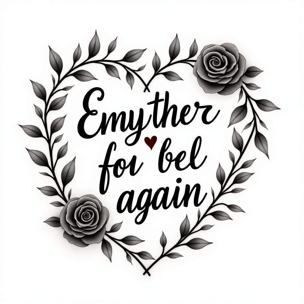Empty heart dying to feel whole againin elegant cursive calligraphy style 2d tattoo, decorate with roses, featuring a smooth and flowing handwritten script with slightly thickened strokes for a luxurious and bold appearance, heart symbol between names, sleek and glossy black text with shadowing, minimalist matte white background, clean and sharp edges, illuminated with soft lighting, romantic, 8k, high-quality textures with refined typography - Variation 3