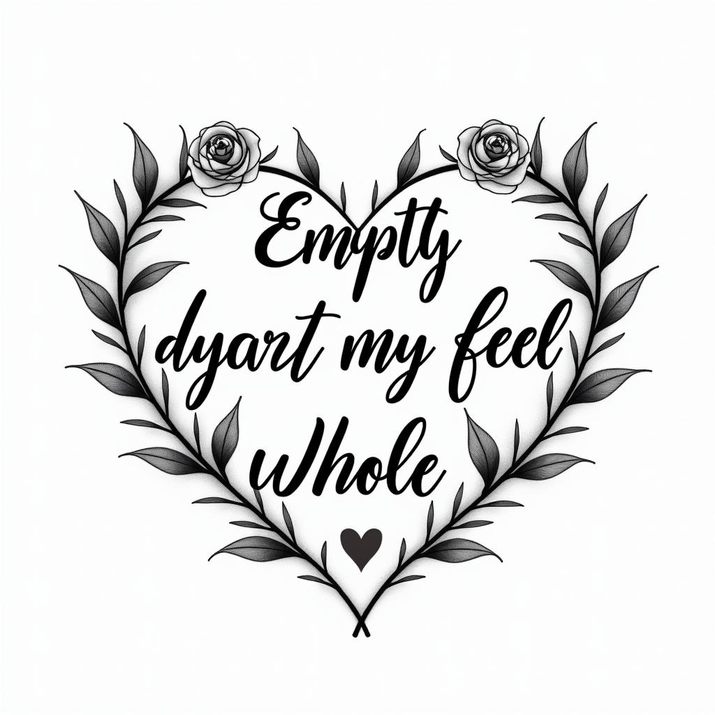 Empty heart dying to feel whole againin elegant cursive calligraphy style 2d tattoo, decorate with roses, featuring a smooth and flowing handwritten script with slightly thickened strokes for a luxurious and bold appearance, heart symbol between names, sleek and glossy black text with shadowing, minimalist matte white background, clean and sharp edges, illuminated with soft lighting, romantic, 8k, high-quality textures with refined typography - Variation 2