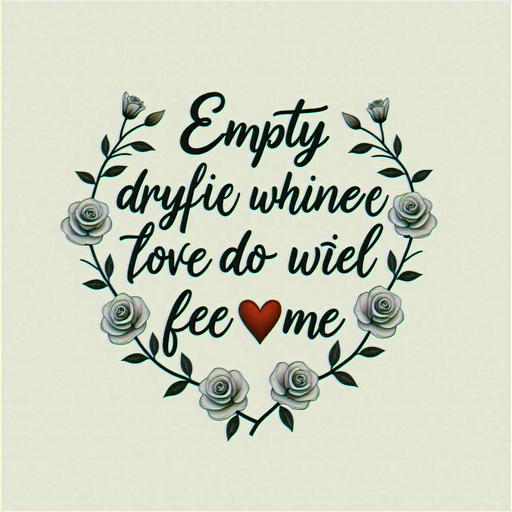 Empty heart dying to feel whole againin elegant cursive calligraphy style 2d tattoo, decorate with roses, featuring a smooth and flowing handwritten script with slightly thickened strokes for a luxurious and bold appearance, heart symbol between names, sleek and glossy black text with shadowing, minimalist matte white background, clean and sharp edges, illuminated with soft lighting, romantic, 8k, high-quality textures with refined typography - Variation 4