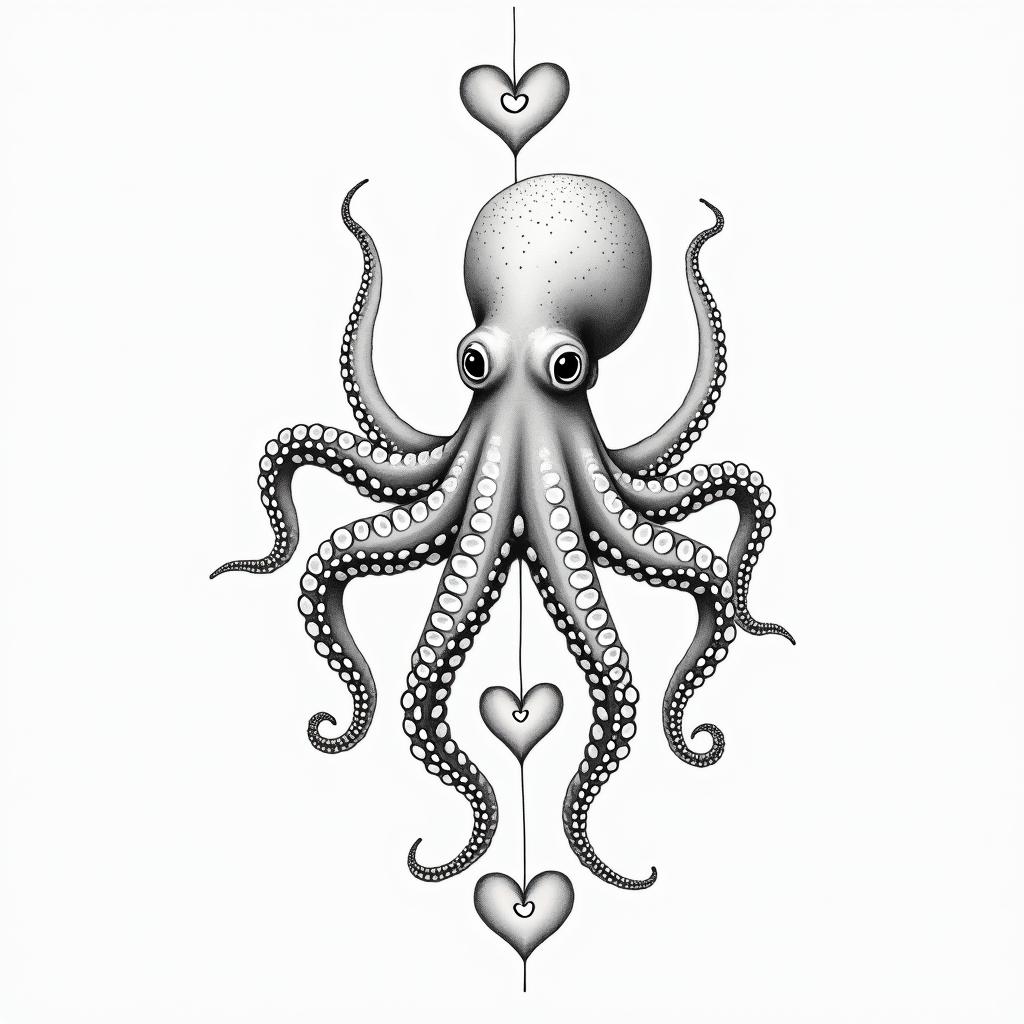 Octopusin Modest style tattoo, featuring soft, delicate line work with simple and meaningful symbols, gentle waves, a heart, evoking a sense of serenity and grace, - Variation 2