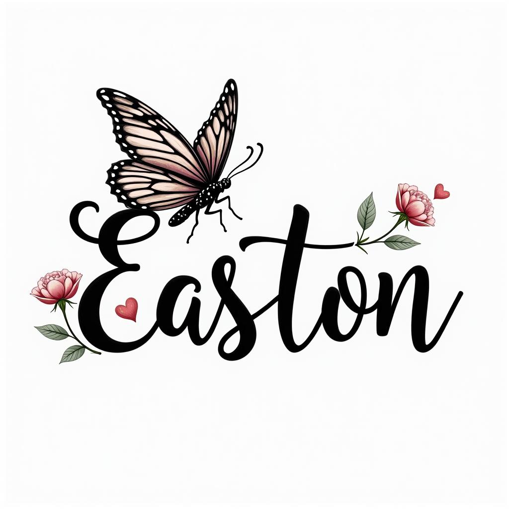 Easton and a butterflyin elegant cursive calligraphy style 2d tattoo, decorate with roses, featuring a smooth and flowing handwritten script with slightly thickened strokes for a luxurious and bold appearance,  heart symbol between names,  sleek and glossy black text with shadowing, minimalist matte white background, clean and sharp edges, illuminated with soft lighting, romantic, 8k, high-quality textures with refined typography