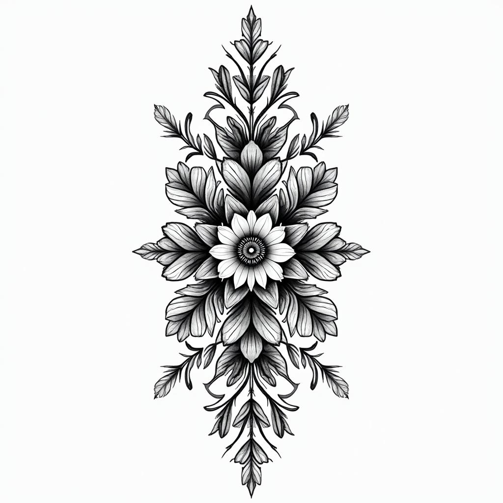 Cess, Virgoin ornamental tattoo style, featuring intricate symmetrical patterns and floral designs, showcasing highly detailed line work and geometric shapes, creating a sense of elegance and balance