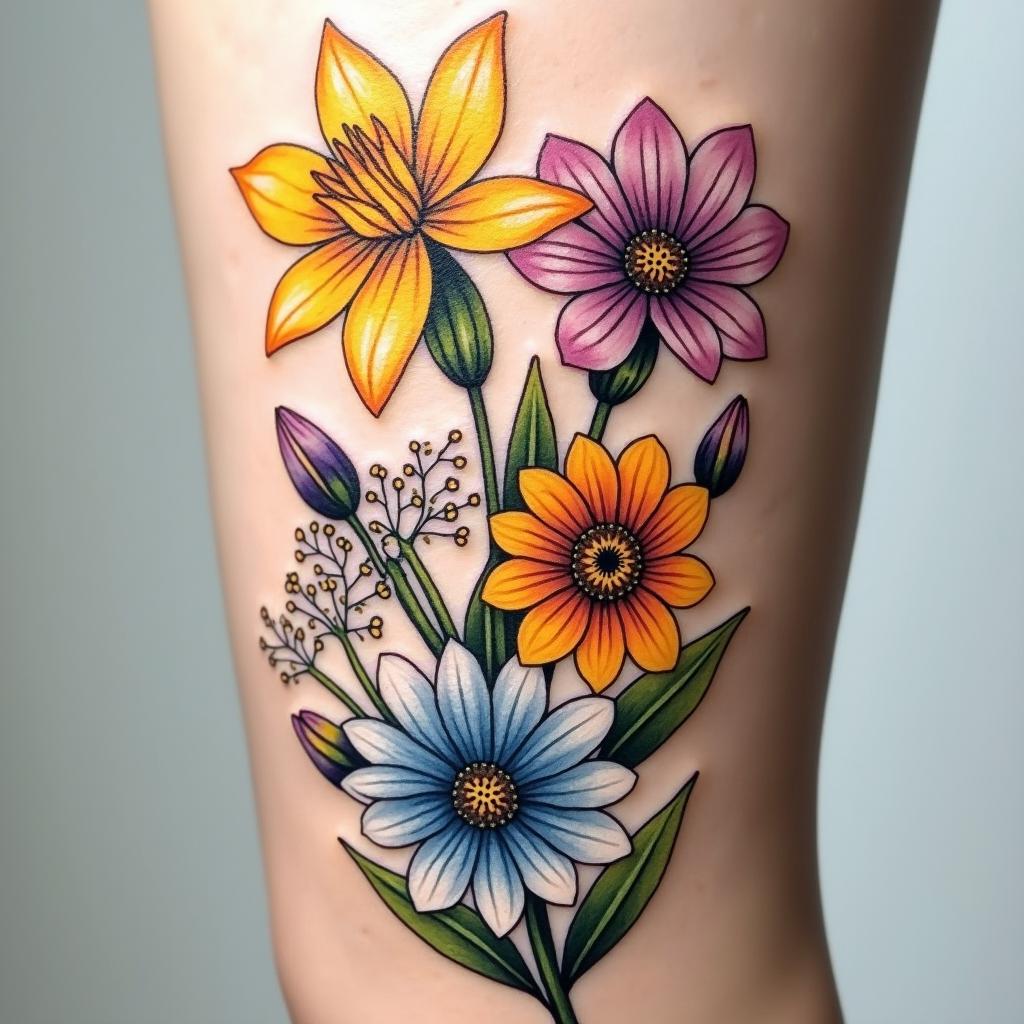 A colorful birth flower tattoo combining daffodil, lily of the valley, larkspur, and marigolds, with a delicate and artistic interpretation of each flower.undefined
