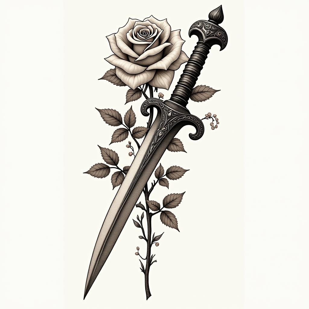 A dagger plunged into a rosein victorian style tattoo, featuring vintage and elegant elements, ornate frames, roses, antique, sepia-toned color scheme