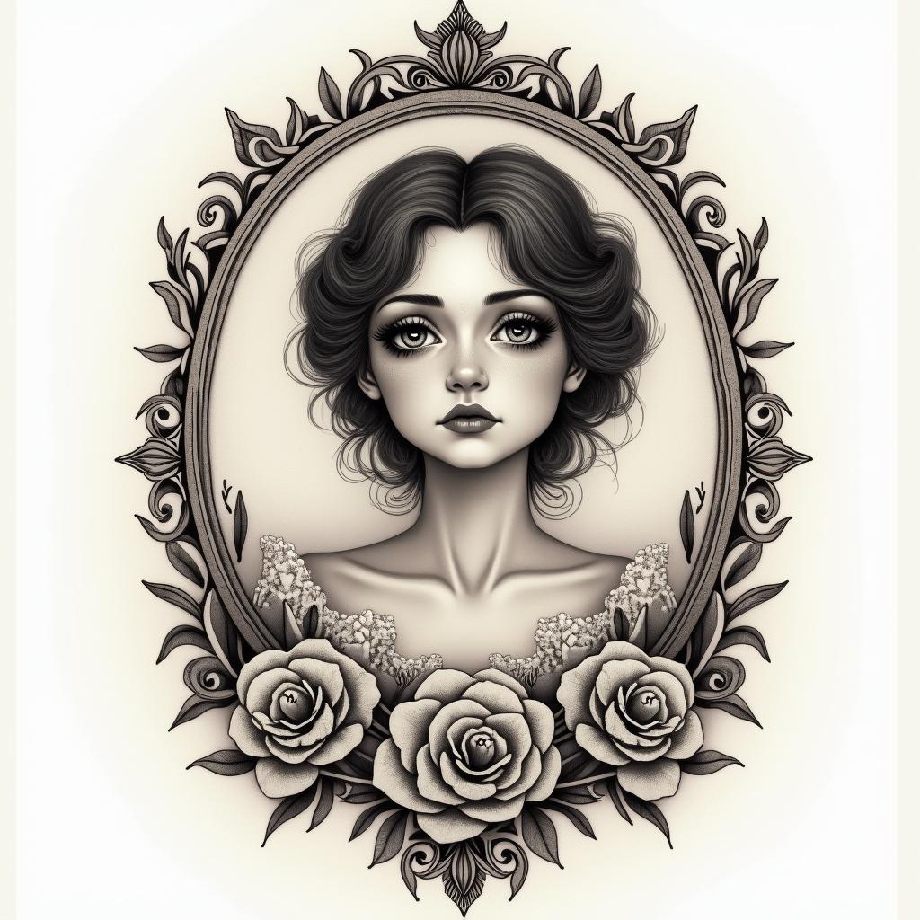 I am a sad girl, wanting to be happy.in victorian style tattoo, featuring vintage and elegant elements, ornate frames, roses, antique, sepia-toned color scheme