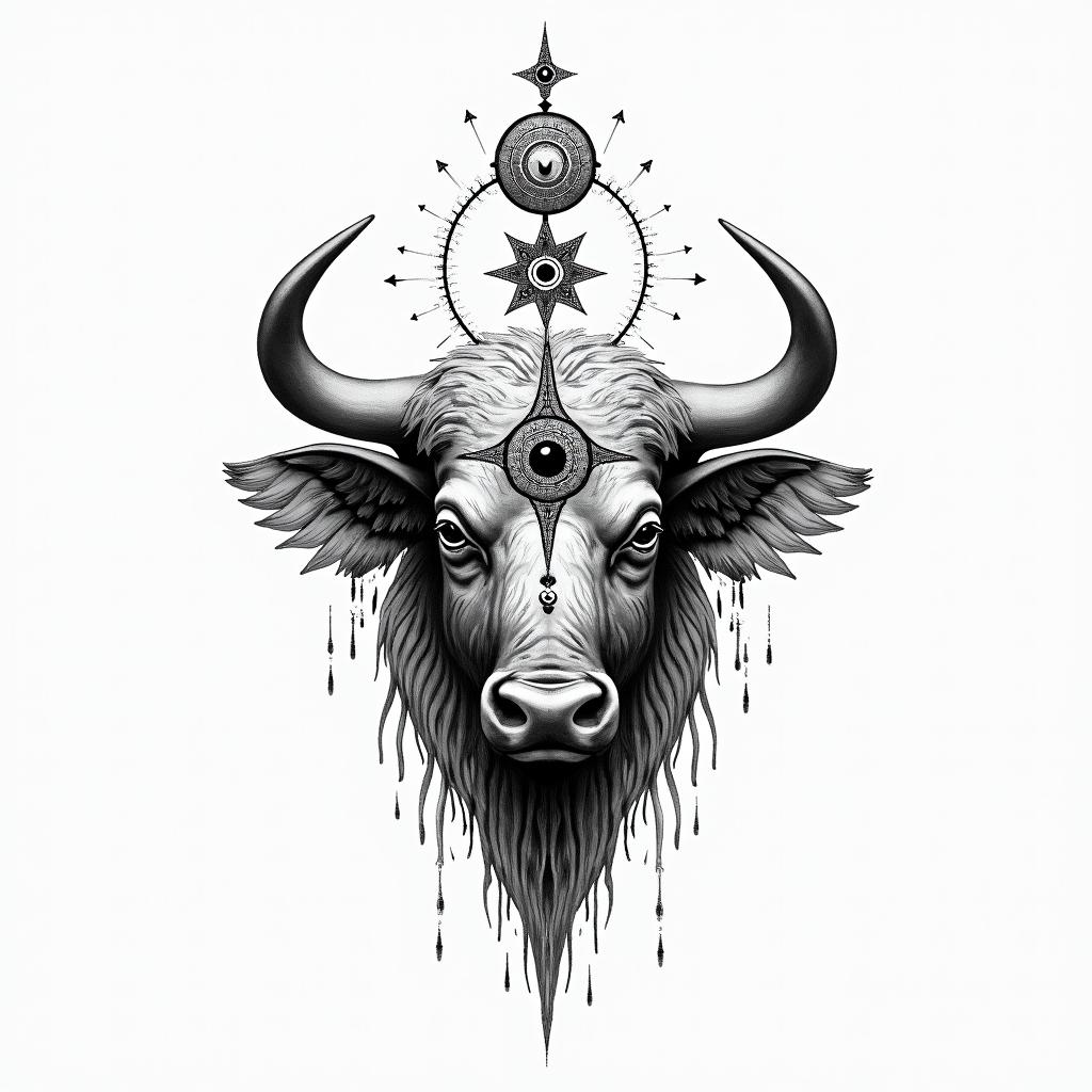 Buffalo, Matthew, TAURUS, detroitin spiritual symbols tattoo style, featuring an intricate design incorporating elements, Hamsa hand, third eye, minimalist composition - Variation 2