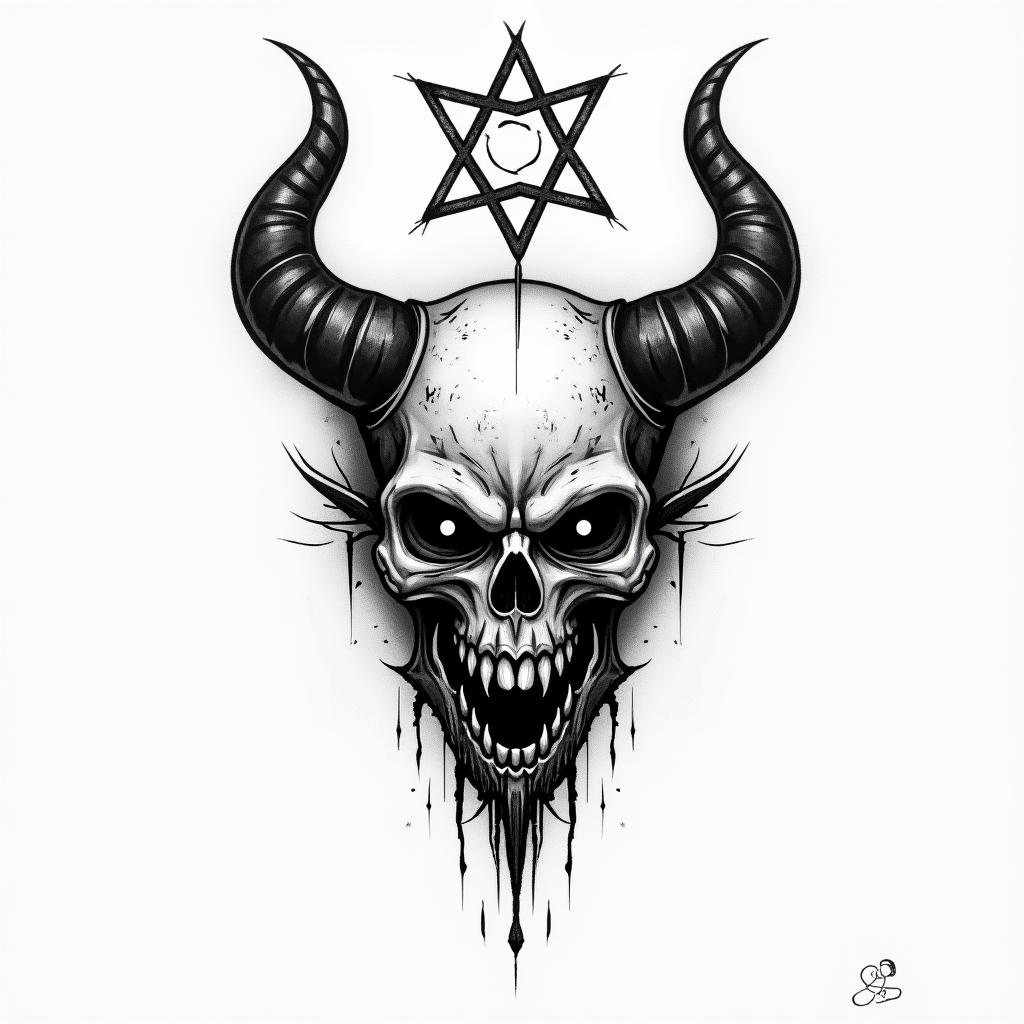 Chat epouventail chuckycreepy horror tattoo style, featuring an eerie and unsettling skull of a demonic creature, distorted face with sharp fangs, add pentagram symbol