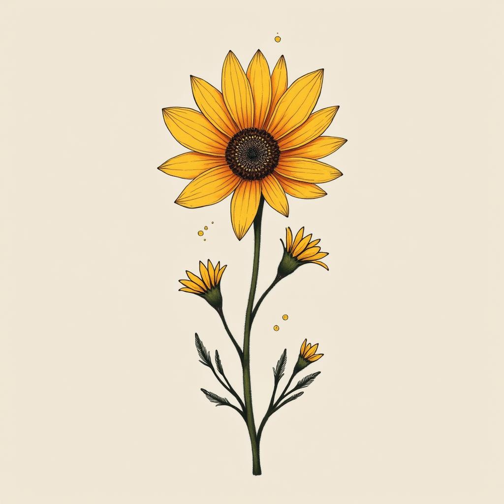 A minimalist tattoo of a single marigold with intricate details, accompanied by small daffodils, lily of the valley, and larkspur, celebrating the elegance of birth flowers in nature.undefined