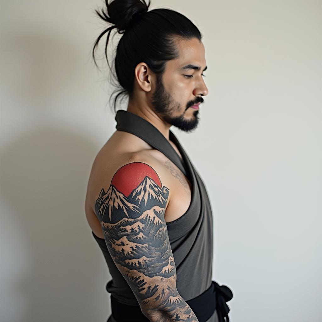 Japanese warrior with mountainsin portrait tattoo style, featuring a highly realistic and detailed depiction - Variation 2