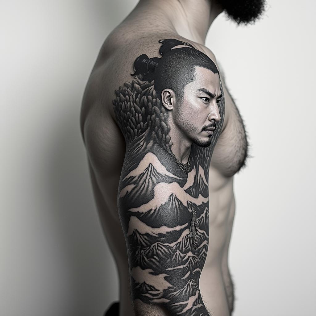 Japanese warrior with mountainsin portrait tattoo style, featuring a highly realistic and detailed depiction - Variation 4
