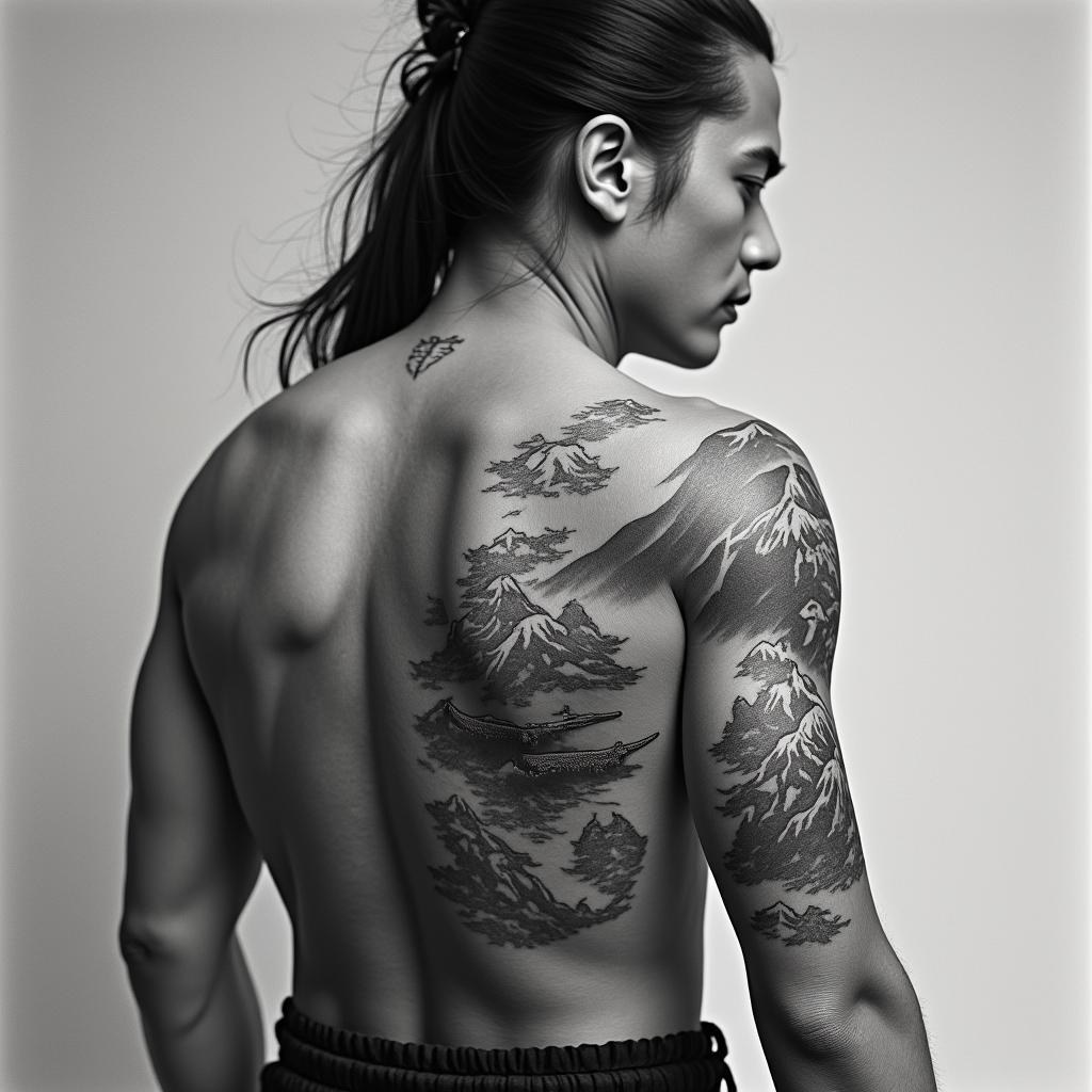 Japanese warrior with mountainsin portrait tattoo style, featuring a highly realistic and detailed depiction - Variation 3