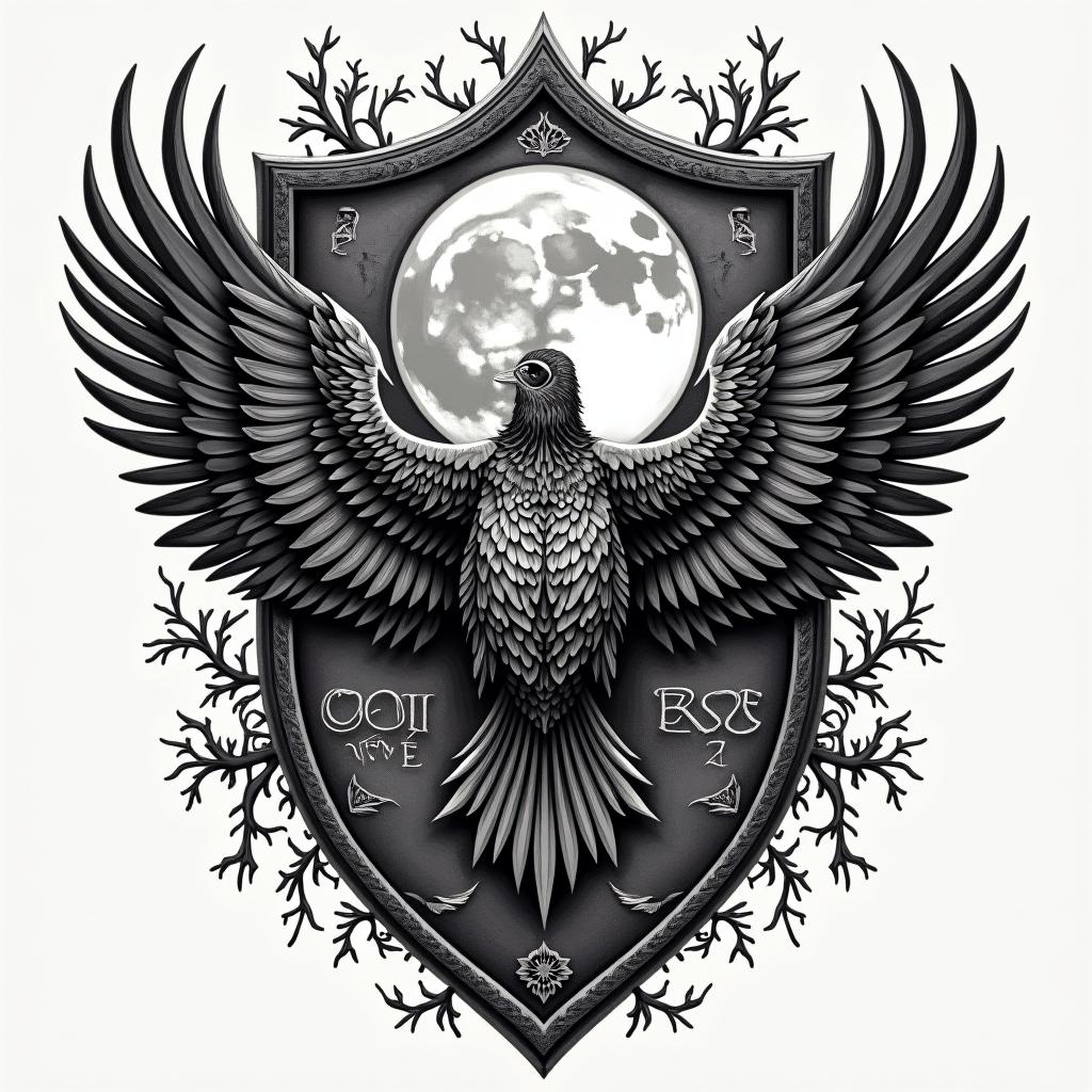 Tattoo design of a Viking shield illustrating the text "IN ROSE WE TRUST" on the left edge, flanked by two detailed Ravens in the center and a full moon, highlighting intricate patterns and Norse elements.undefined
