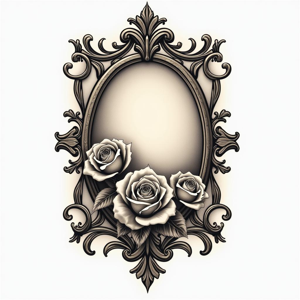 Greecein victorian style tattoo, featuring vintage and elegant elements, ornate frames, roses, antique, sepia-toned color scheme