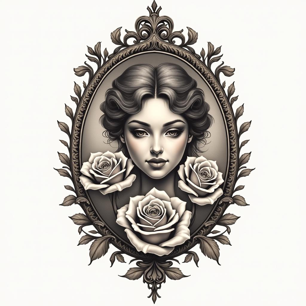 Greecein victorian style tattoo, featuring vintage and elegant elements, ornate frames, roses, antique, sepia-toned color scheme - Variation 4