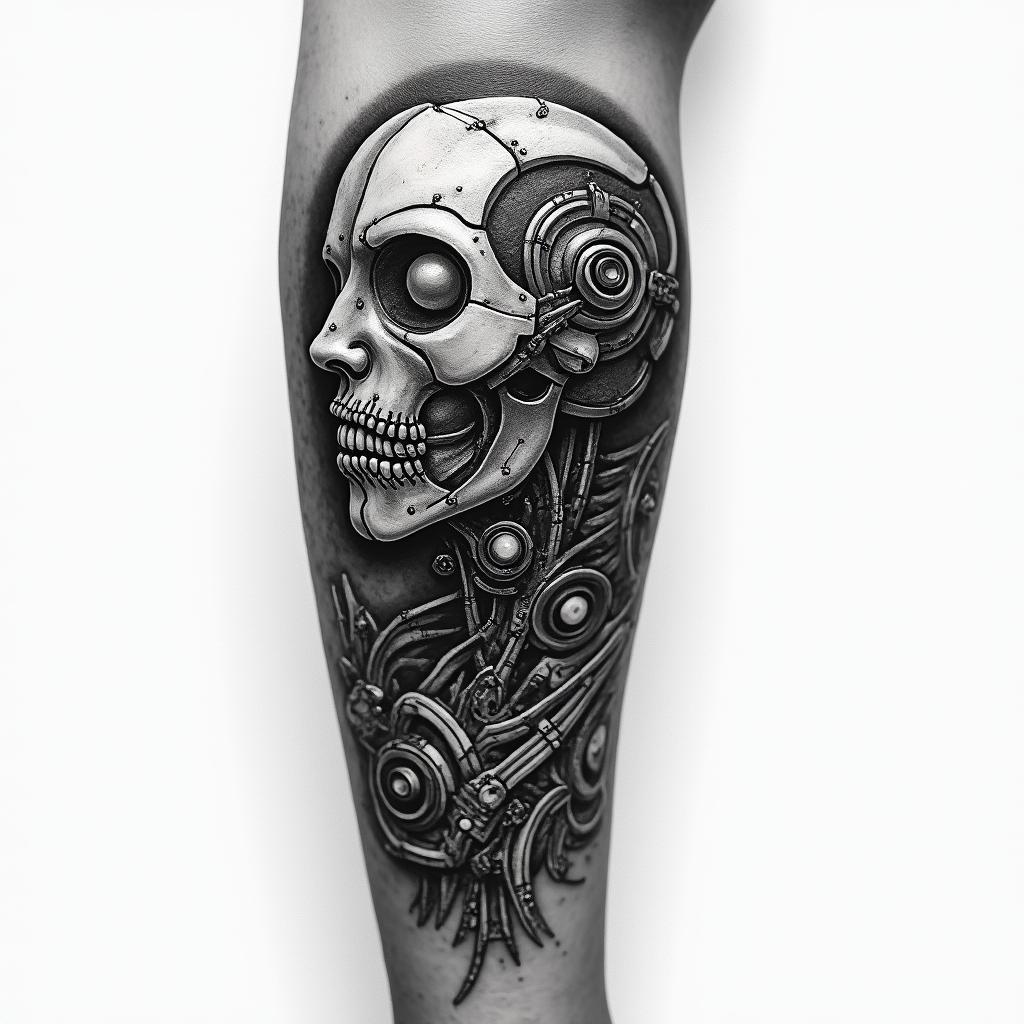 Running on under armtattoo in biomechanic style, the tattoo covered by robotic elements of futuristic cyberpunk design, robotic features detail, showcasing intricate mechanical components - Variation 4