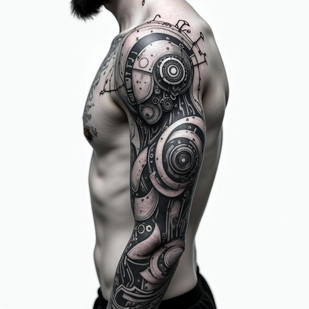 Running on under armtattoo in biomechanic style, the tattoo covered by robotic elements of futuristic cyberpunk design, robotic features detail, showcasing intricate mechanical components - Variation 3