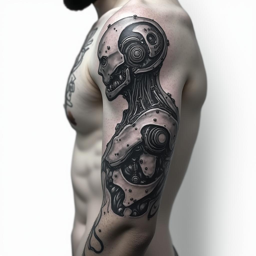 Running on under armtattoo in biomechanic style, the tattoo covered by robotic elements of futuristic cyberpunk design, robotic features detail, showcasing intricate mechanical components
