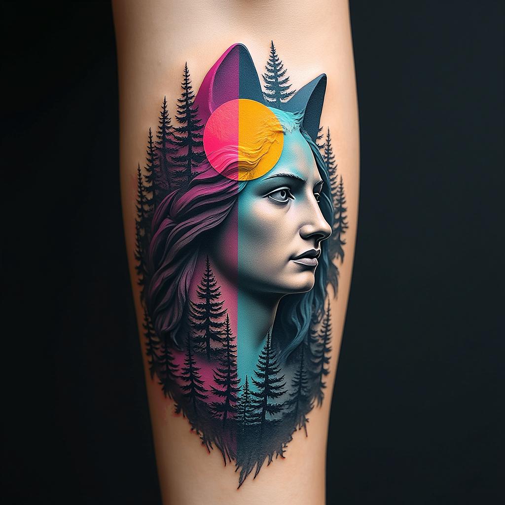Wolf,Earth,trees, moon,lifein distorted and fragmented tattoo design, featuring a classical statue bust, in a glitch art style with vibrant, overlapping colors of cyan, magenta, and yellow, creating a digital distortion effect