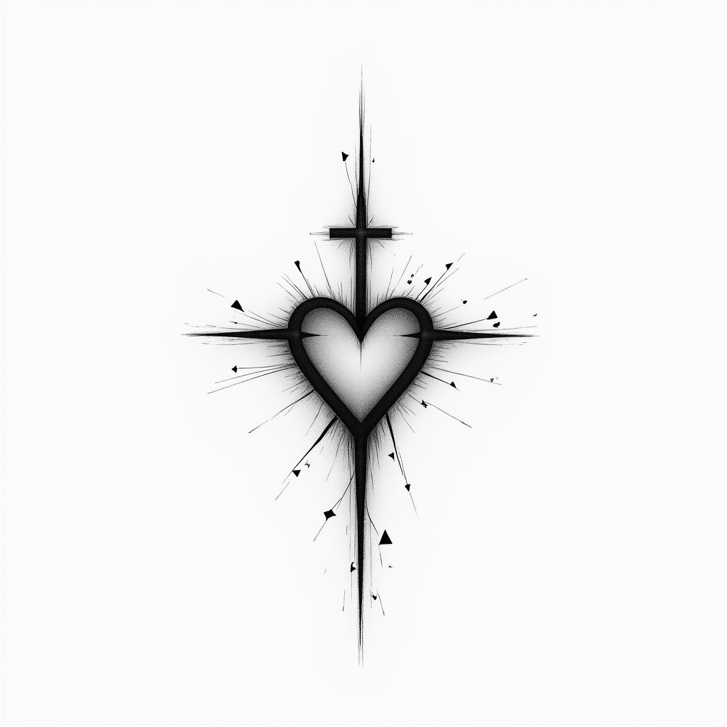 I want a cross, because of the gospel, an I like heart too, and a "Who is whorty"in minimalist style tattoo, featuring simple shapes and fine lines, with minimal shading and details, tiny triangles, creating a sense of balance and harmony - Variation 4