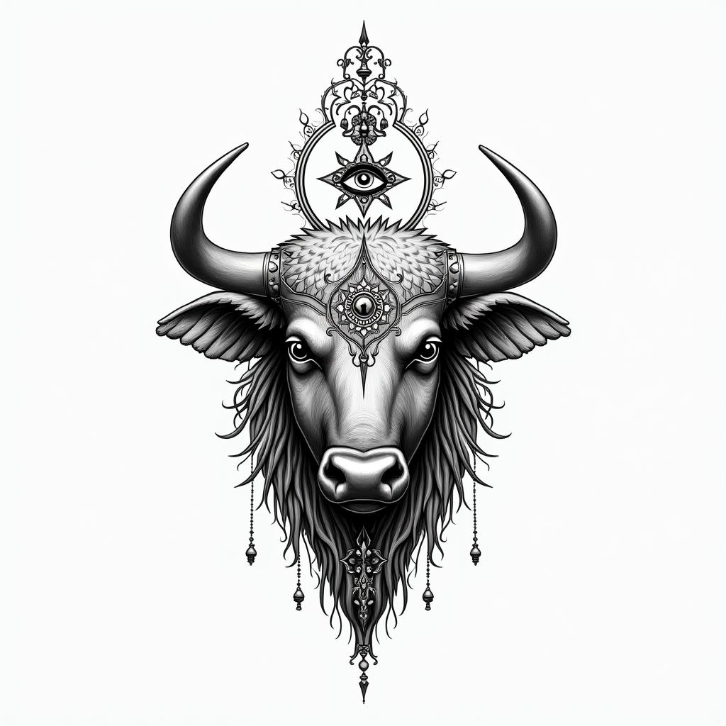 Buffalo, Matthew, TAURUS, detroitin spiritual symbols tattoo style, featuring an intricate design incorporating elements, Hamsa hand, third eye, minimalist composition