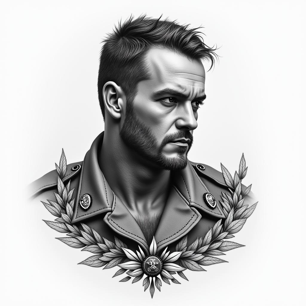 A Bible Quote for battle with a US Marine Corps Aestheticin portrait tattoo style, featuring a highly realistic and detailed depiction - Variation 3