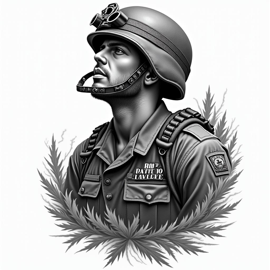 A Bible Quote for battle with a US Marine Corps Aestheticin portrait tattoo style, featuring a highly realistic and detailed depiction - Variation 4