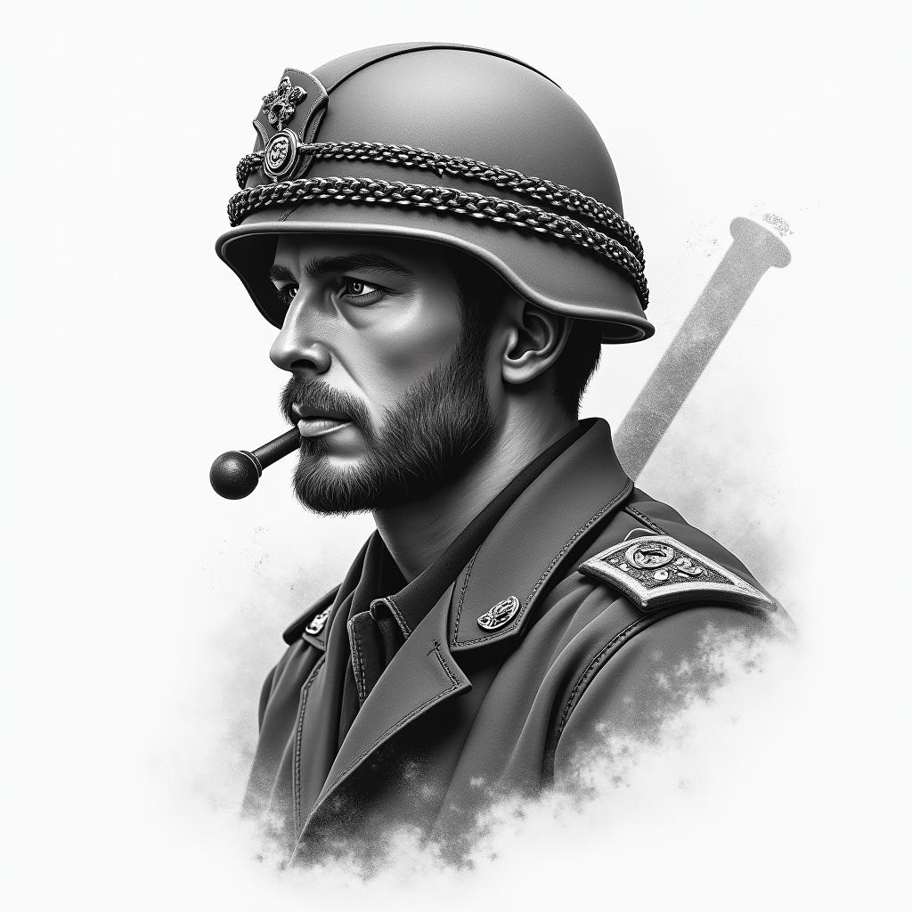 A Bible Quote for battle with a US Marine Corps Aestheticin portrait tattoo style, featuring a highly realistic and detailed depiction