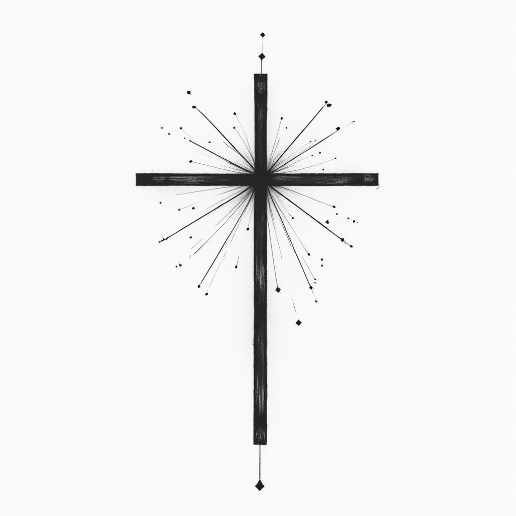 I want a cross, because of the gospel, an I like heart too, and a "Who is whorty"in minimalist style tattoo, featuring simple shapes and fine lines, with minimal shading and details, tiny triangles, creating a sense of balance and harmony