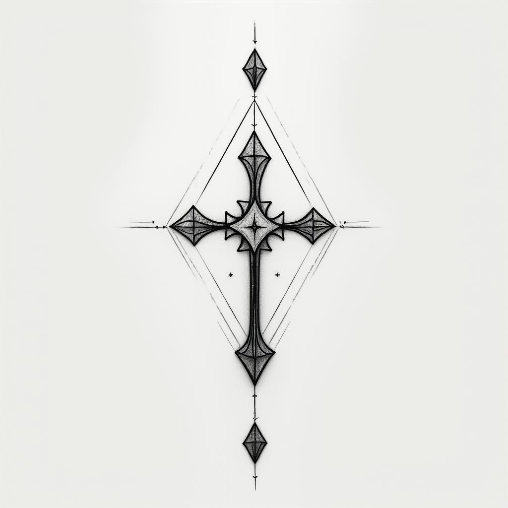 I want a cross, because of the gospel, an I like heart too, and a "Who is whorty"in minimalist style tattoo, featuring simple shapes and fine lines, with minimal shading and details, tiny triangles, creating a sense of balance and harmony - Variation 2