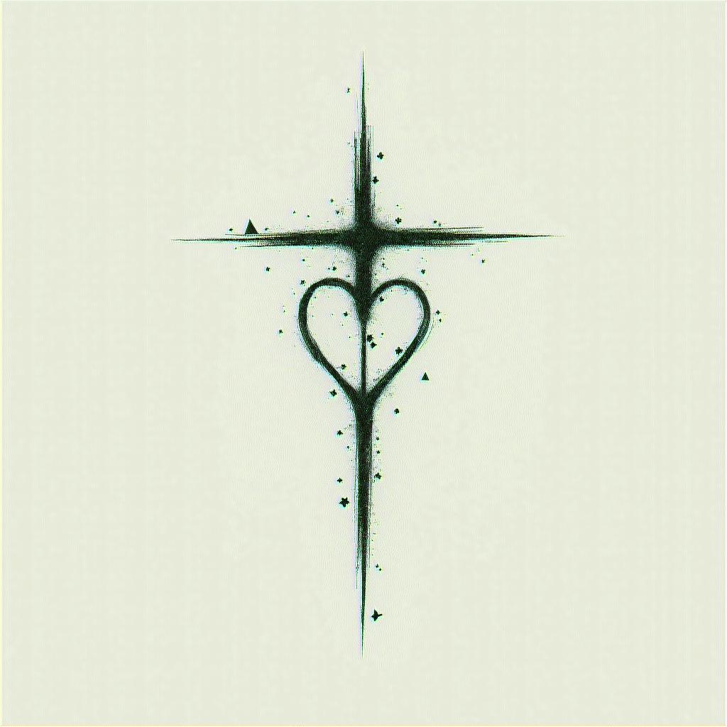 I want a cross, because of the gospel, an I like heart too, and a "Who is whorty"in minimalist style tattoo, featuring simple shapes and fine lines, with minimal shading and details, tiny triangles, creating a sense of balance and harmony - Variation 3