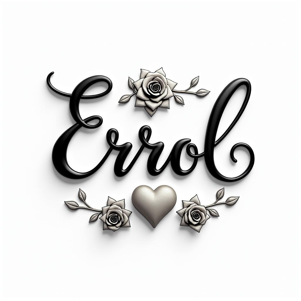 Errolin elegant cursive calligraphy style 2d tattoo, decorate with roses, featuring a smooth and flowing handwritten script with slightly thickened strokes for a luxurious and bold appearance, heart symbol between names, sleek and glossy black text with shadowing, minimalist matte white background, clean and sharp edges, illuminated with soft lighting, romantic, 8k, high-quality textures with refined typography - Variation 7