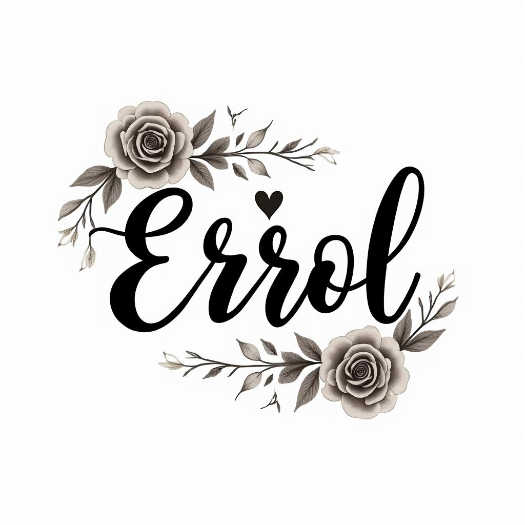 Errolin elegant cursive calligraphy style 2d tattoo, decorate with roses, featuring a smooth and flowing handwritten script with slightly thickened strokes for a luxurious and bold appearance, heart symbol between names, sleek and glossy black text with shadowing, minimalist matte white background, clean and sharp edges, illuminated with soft lighting, romantic, 8k, high-quality textures with refined typography - Variation 8