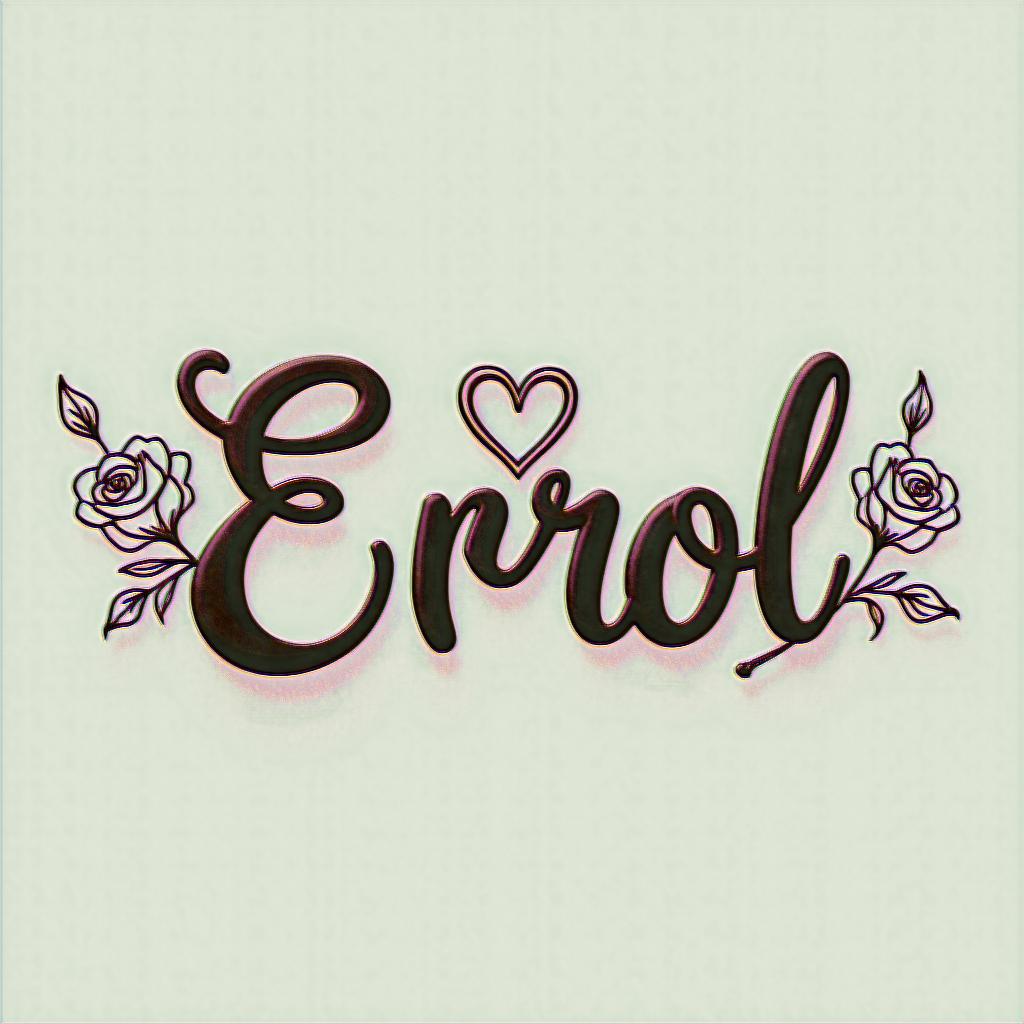 Errolin elegant cursive calligraphy style 2d tattoo, decorate with roses, featuring a smooth and flowing handwritten script with slightly thickened strokes for a luxurious and bold appearance, heart symbol between names, sleek and glossy black text with shadowing, minimalist matte white background, clean and sharp edges, illuminated with soft lighting, romantic, 8k, high-quality textures with refined typography - Variation 6