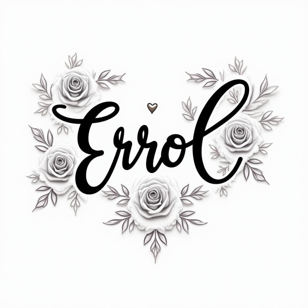 Errolin elegant cursive calligraphy style 2d tattoo, decorate with roses, featuring a smooth and flowing handwritten script with slightly thickened strokes for a luxurious and bold appearance, heart symbol between names, sleek and glossy black text with shadowing, minimalist matte white background, clean and sharp edges, illuminated with soft lighting, romantic, 8k, high-quality textures with refined typography - Variation 5