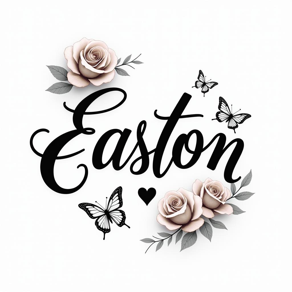Easton with roses and butterfliesin elegant cursive calligraphy style 2d tattoo, decorate with roses, featuring a smooth and flowing handwritten script with slightly thickened strokes for a luxurious and bold appearance,  heart symbol between names,  sleek and glossy black text with shadowing, minimalist matte white background, clean and sharp edges, illuminated with soft lighting, romantic, 8k, high-quality textures with refined typography