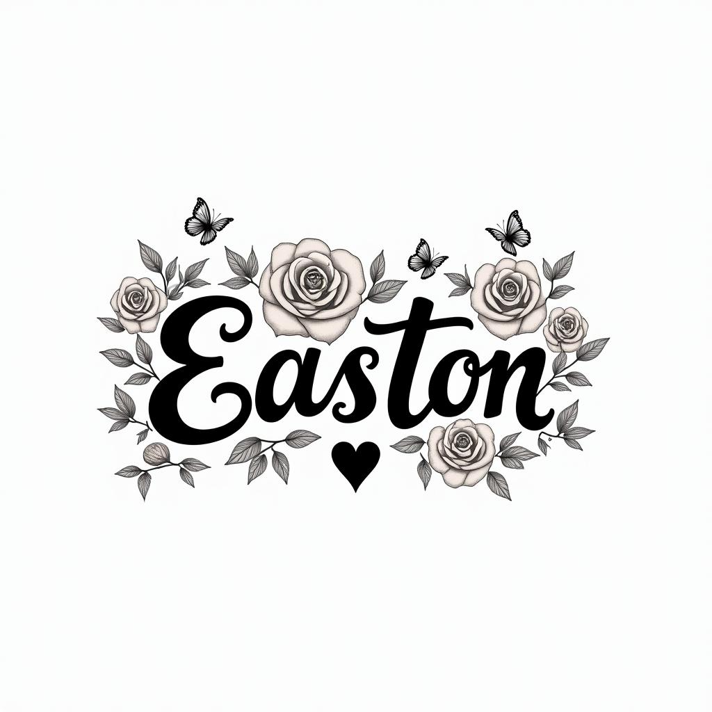 Easton with roses and butterfliesin elegant cursive calligraphy style 2d tattoo, decorate with roses, featuring a smooth and flowing handwritten script with slightly thickened strokes for a luxurious and bold appearance,  heart symbol between names,  sleek and glossy black text with shadowing, minimalist matte white background, clean and sharp edges, illuminated with soft lighting, romantic, 8k, high-quality textures with refined typography - Variation 3