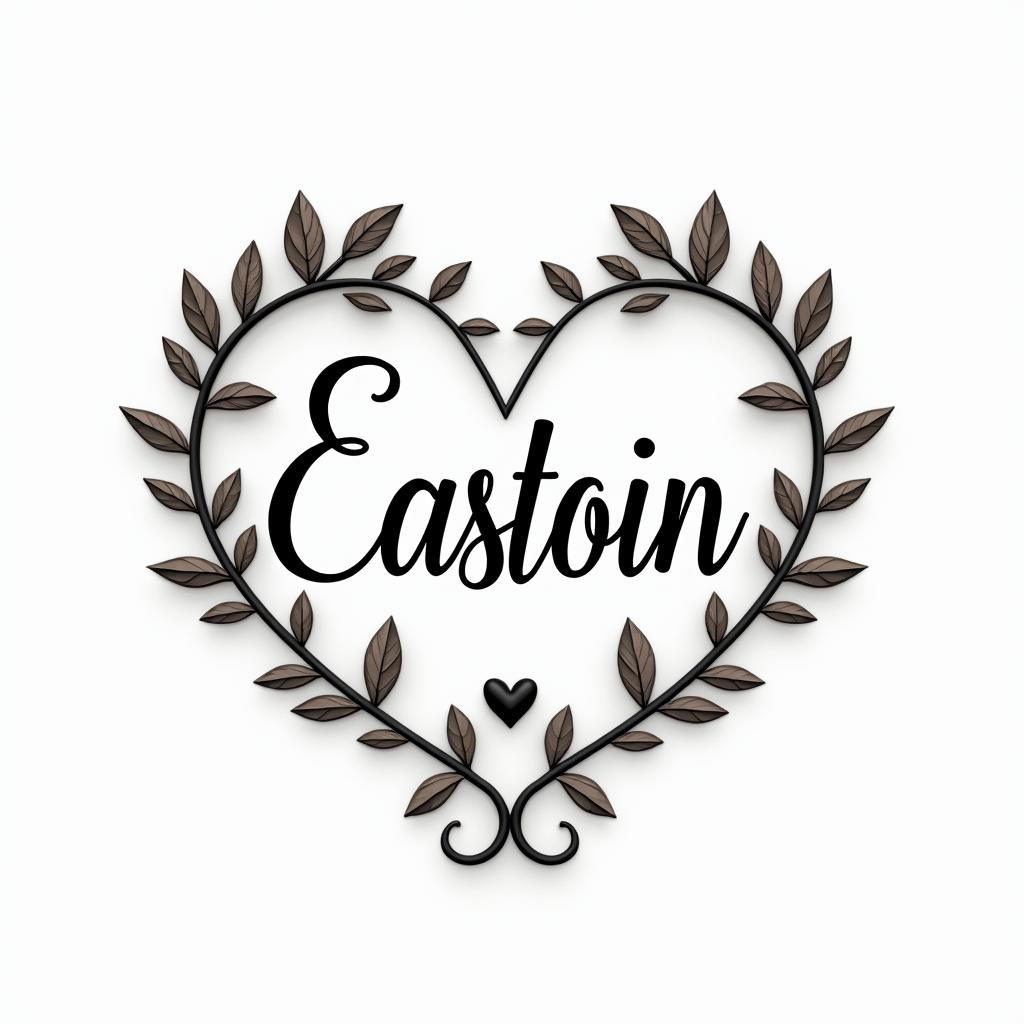 Easton with roses and butterfliesin elegant cursive calligraphy style 2d tattoo, decorate with roses, featuring a smooth and flowing handwritten script with slightly thickened strokes for a luxurious and bold appearance,  heart symbol between names,  sleek and glossy black text with shadowing, minimalist matte white background, clean and sharp edges, illuminated with soft lighting, romantic, 8k, high-quality textures with refined typography - Variation 4