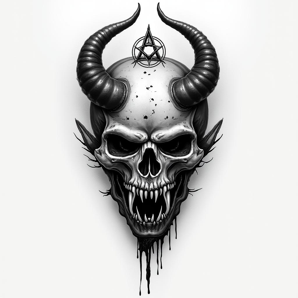 Pussy bloodcreepy horror tattoo style, featuring an eerie and unsettling skull of a demonic creature, distorted face with sharp fangs, add pentagram symbol - Variation 3