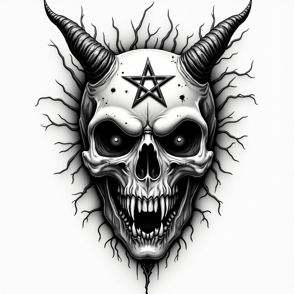 Pussy bloodcreepy horror tattoo style, featuring an eerie and unsettling skull of a demonic creature, distorted face with sharp fangs, add pentagram symbol - Variation 4