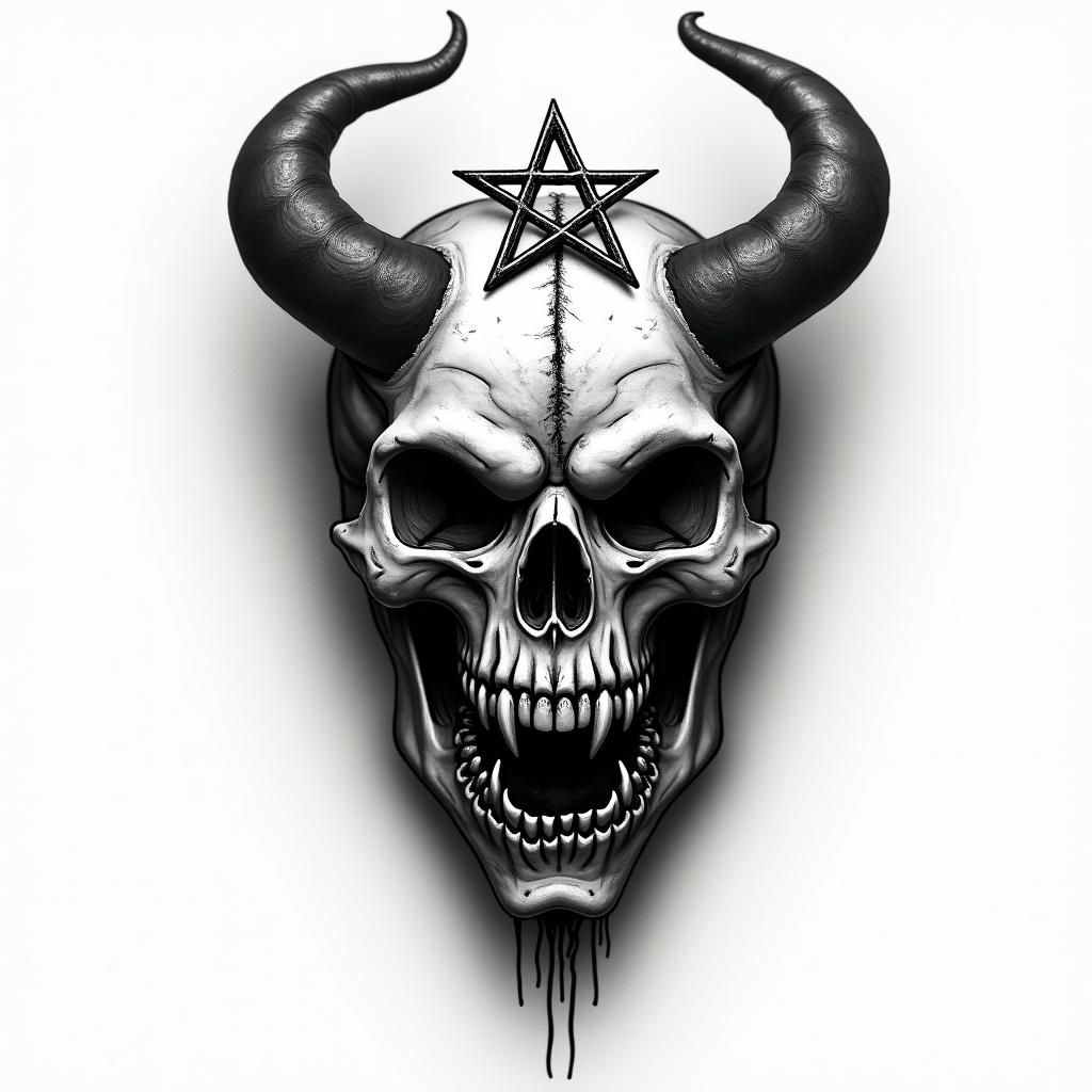 Pussy bloodcreepy horror tattoo style, featuring an eerie and unsettling skull of a demonic creature, distorted face with sharp fangs, add pentagram symbol - Variation 2