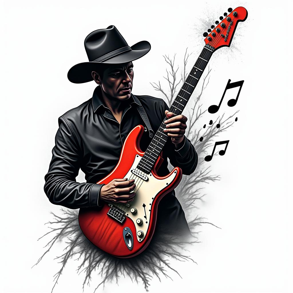 Here is a more concise prompt:
"Design of a modern blues tattoo with an electric guitar as the central element. Dark and mysterious style, with elements that evoke the emotion and passion of blues. Realism or neo-traditional, dark colors and deep shadows. Can you suggest some ideas and sketches?
- "Electric guitar
- "Musical notes escaping from the strings"
- "Style Stevie Ray Vaughan"in pop art style tattoo, featuring bold and vibrant colors, exaggerated outlines, iconic imagery, inspired by comic books and speech bubbles, comic book characters, retro pop culture - Variation 4