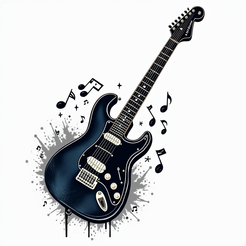 Here is a more concise prompt:

"Design of a modern blues tattoo with an electric guitar as the central element. Dark and mysterious style, with elements that evoke the emotion and passion of blues. Realism or neo-traditional, dark colors and deep shadows. Can you suggest some ideas and sketches?

- "Electric guitar
- "Musical notes escaping from the strings"
- "Style Stevie Ray Vaughan"in pop art style tattoo, featuring bold and vibrant colors, exaggerated outlines, iconic imagery, inspired by comic books and speech bubbles, comic book characters, retro pop culture