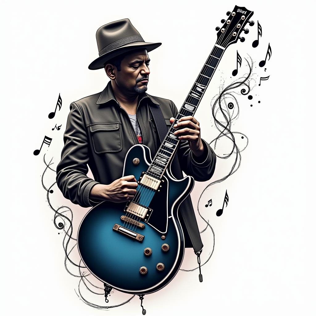 Here is a more concise prompt:
"Design of a modern blues tattoo with an electric guitar as the central element. Dark and mysterious style, with elements that evoke the emotion and passion of blues. Realism or neo-traditional, dark colors and deep shadows. Can you suggest some ideas and sketches?
- "Electric guitar
- "Musical notes escaping from the strings"
- "Style Stevie Ray Vaughan"in pop art style tattoo, featuring bold and vibrant colors, exaggerated outlines, iconic imagery, inspired by comic books and speech bubbles, comic book characters, retro pop culture - Variation 3