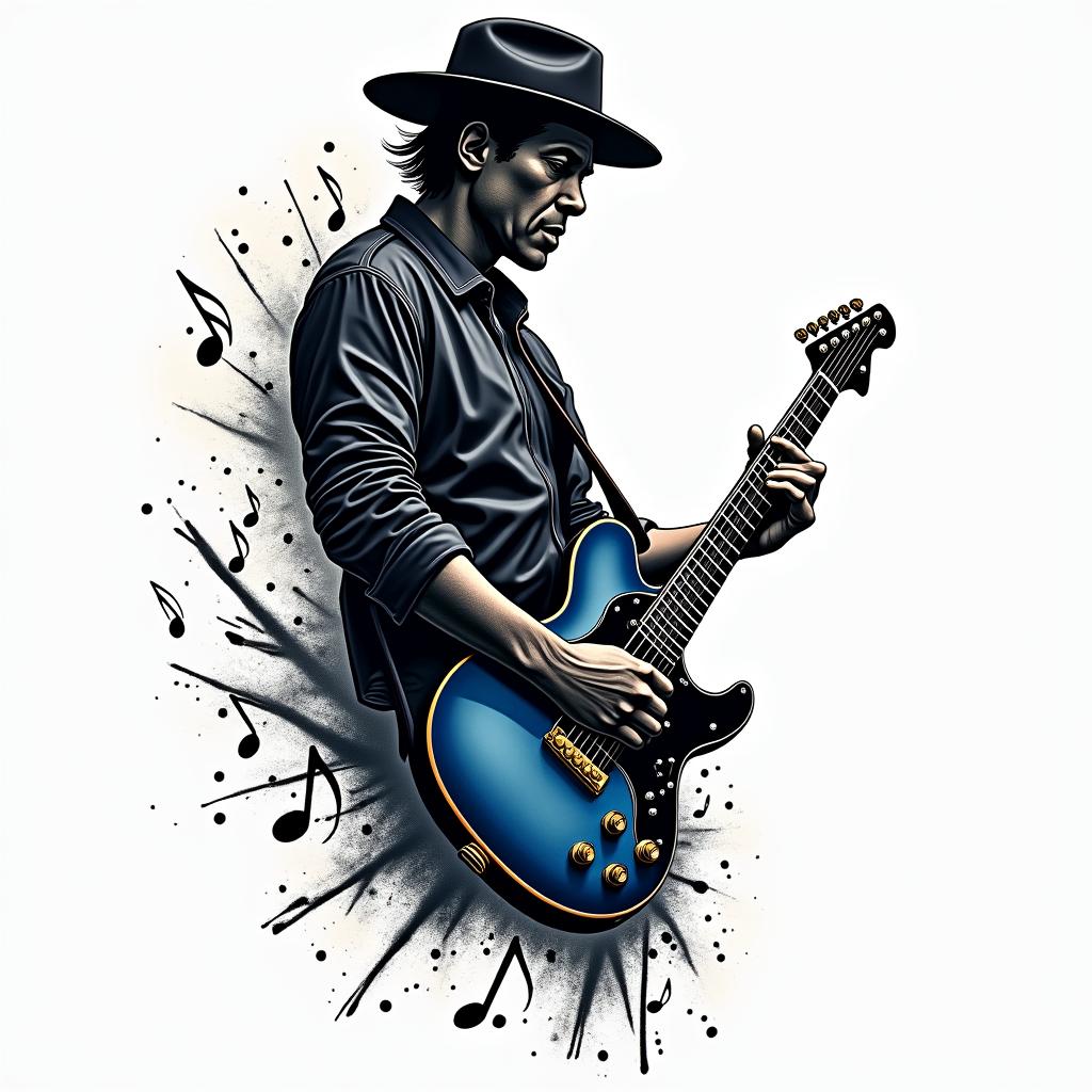 Here is a more concise prompt:
"Design of a modern blues tattoo with an electric guitar as the central element. Dark and mysterious style, with elements that evoke the emotion and passion of blues. Realism or neo-traditional, dark colors and deep shadows. Can you suggest some ideas and sketches?
- "Electric guitar
- "Musical notes escaping from the strings"
- "Style Stevie Ray Vaughan"in pop art style tattoo, featuring bold and vibrant colors, exaggerated outlines, iconic imagery, inspired by comic books and speech bubbles, comic book characters, retro pop culture - Variation 2