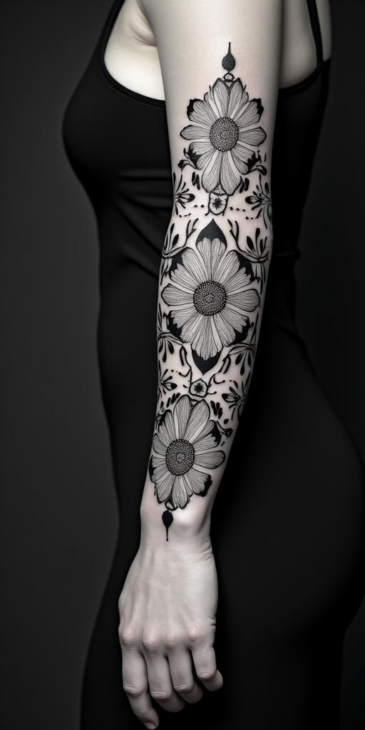 symbolic for a mother of 3, courage, family womanin ornamental tattoo style, featuring intricate symmetrical patterns and floral designs, showcasing highly detailed line work and geometric shapes, creating a sense of elegance and balance