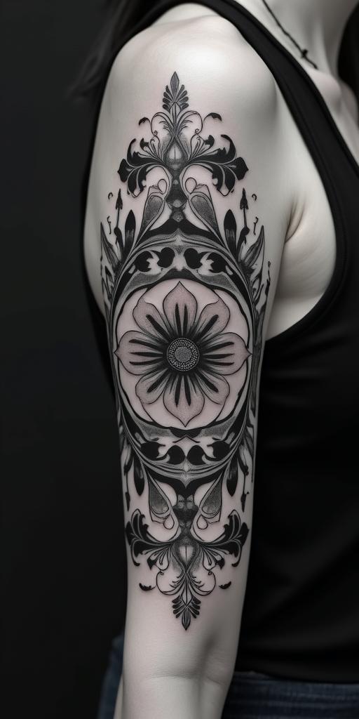 symbolic for a mother of 3, courage, family womanin ornamental tattoo style, featuring intricate symmetrical patterns and floral designs, showcasing highly detailed line work and geometric shapes, creating a sense of elegance and balance - Variation 3