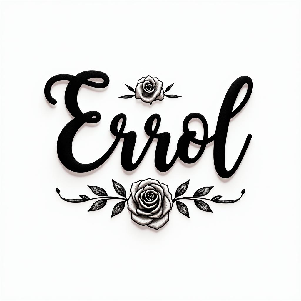 Errolin elegant cursive calligraphy style 2d tattoo, decorate with roses, featuring a smooth and flowing handwritten script with slightly thickened strokes for a luxurious and bold appearance, heart symbol between names, sleek and glossy black text with shadowing, minimalist matte white background, clean and sharp edges, illuminated with soft lighting, romantic, 8k, high-quality textures with refined typography - Variation 4