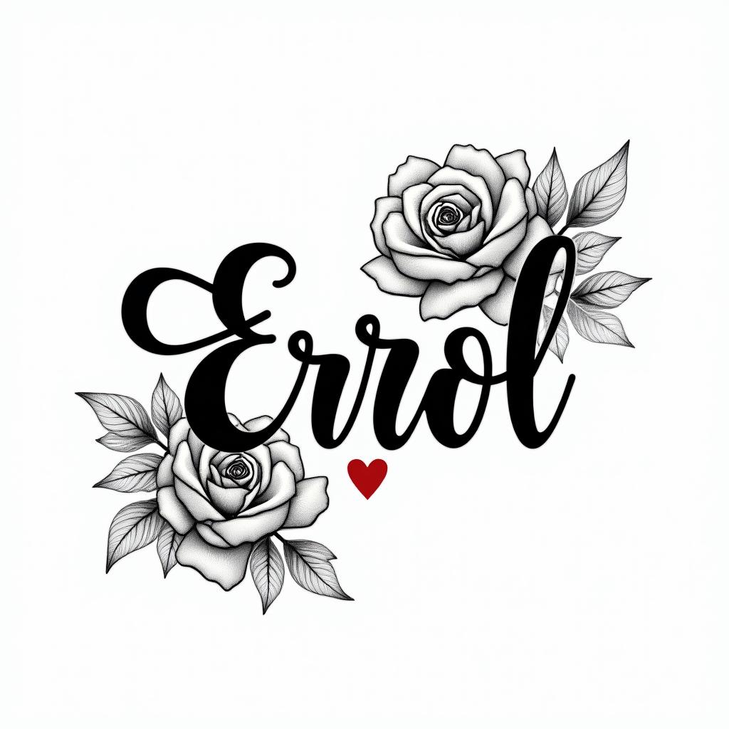 Errolin elegant cursive calligraphy style 2d tattoo, decorate with roses, featuring a smooth and flowing handwritten script with slightly thickened strokes for a luxurious and bold appearance, heart symbol between names, sleek and glossy black text with shadowing, minimalist matte white background, clean and sharp edges, illuminated with soft lighting, romantic, 8k, high-quality textures with refined typography - Variation 2