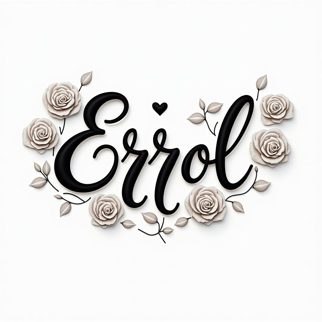 Errolin elegant cursive calligraphy style 2d tattoo, decorate with roses, featuring a smooth and flowing handwritten script with slightly thickened strokes for a luxurious and bold appearance, heart symbol between names, sleek and glossy black text with shadowing, minimalist matte white background, clean and sharp edges, illuminated with soft lighting, romantic, 8k, high-quality textures with refined typography - Variation 3
